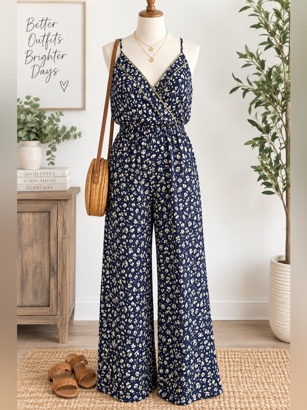 C Navy Floral Wrap Wide Leg Jumpsuit XL